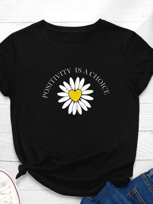 Positivity Is Choice Daisy Print Women T Shirt Short Sleeve O Neck Loose Women Tshirt Ladies Tee Shirt Tops Camisetas Mujer