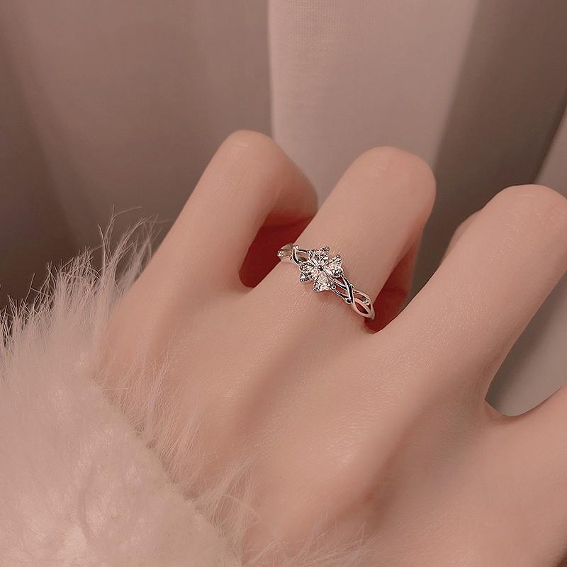 Sterling Adjustable Clover Ring Women With Cubic Zirconia Floral Design Lightweight Elegant Finger