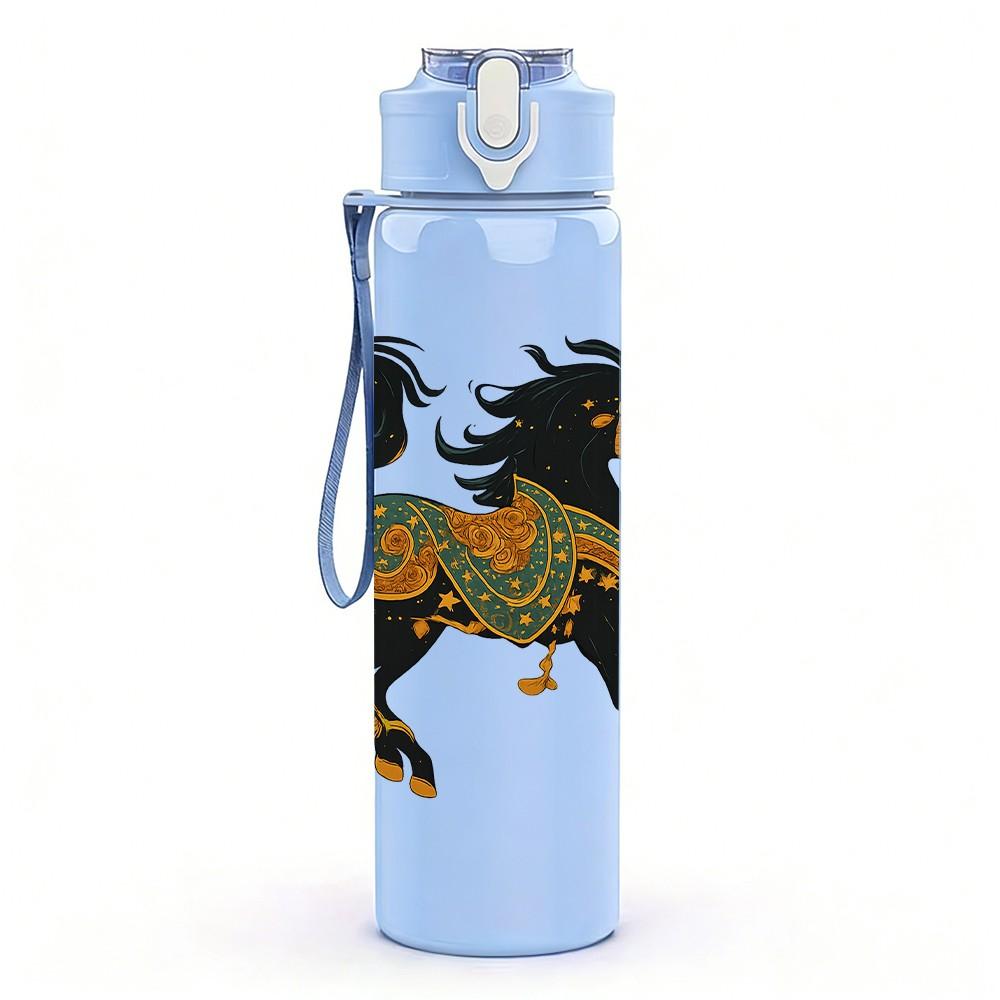 1PC Classic Black Horse Art 750ml Color Plastic Sports Water Bottle Leakproof Flip Straw Lid Suitable for Sports Office Home Use