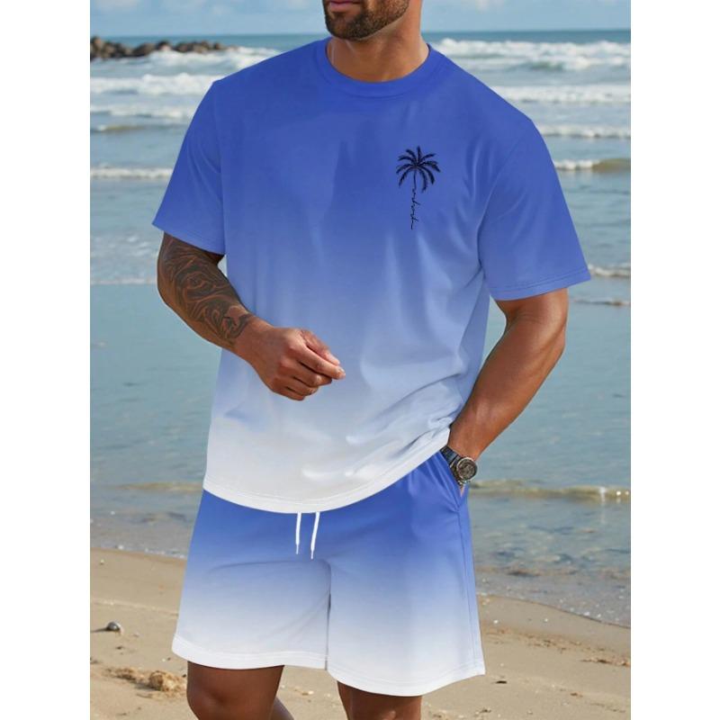 New Gradient Color T-shirt Shorts 2-pcs Set Short Sleeve T-shirts Elastic Waist Shorts Set Pocket Hawaiian Men's Beach Swimsuit