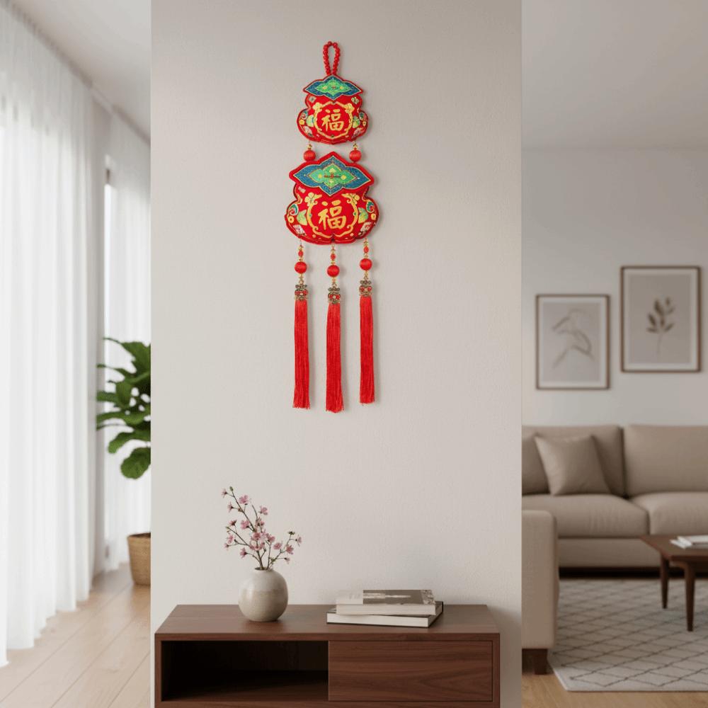 Traditional New Year Hanging Pendant Handmade Cartoon Lucky Charm Door Hanging with Bells Wooden Bead Lanyard