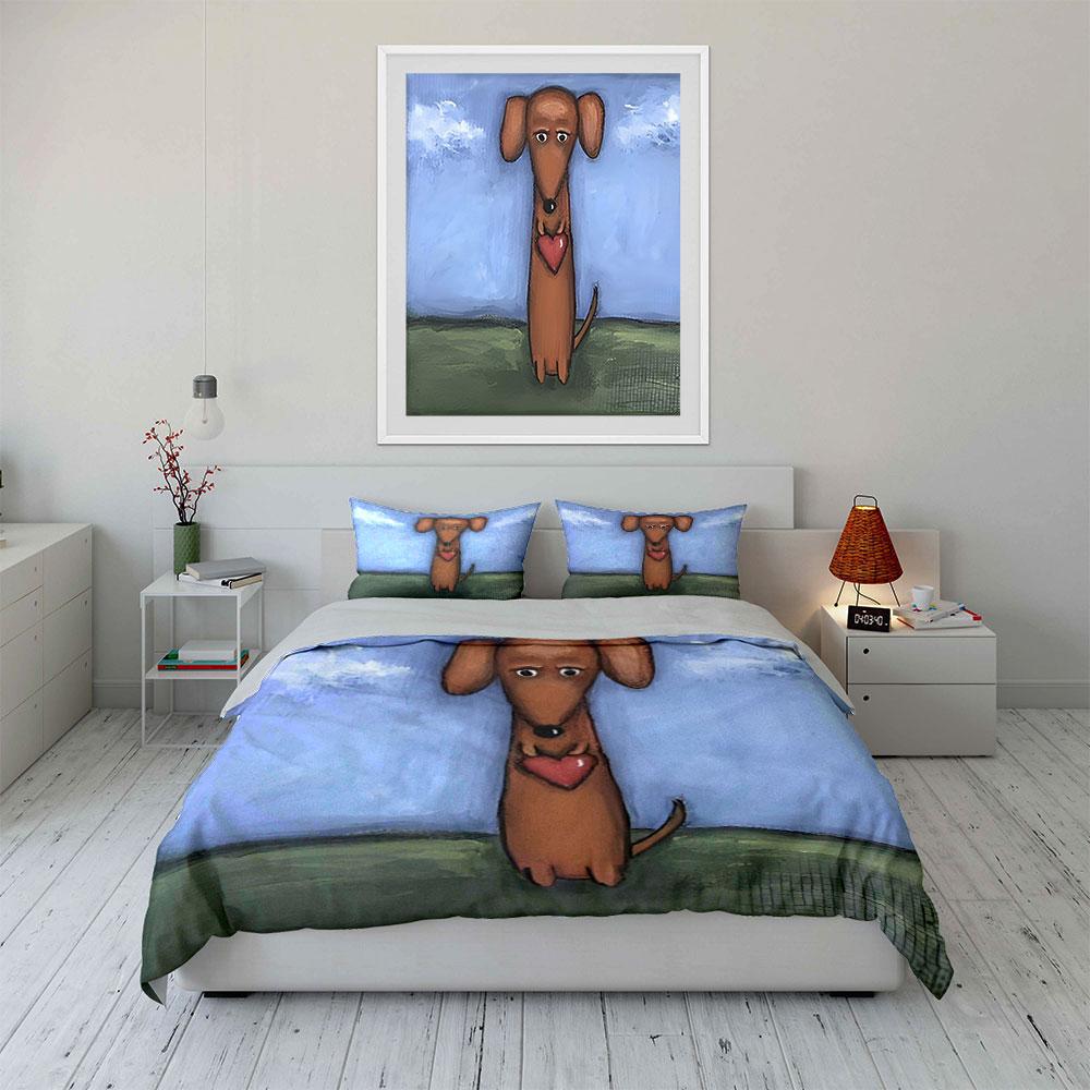 Cartoon Dachshund Holding Heart. Bedding Sets Duvet Cover Sets Duvet Covers Pillowcases(1 * Duvet Cover 2 * Pillowcases Without Duvet Insert)
