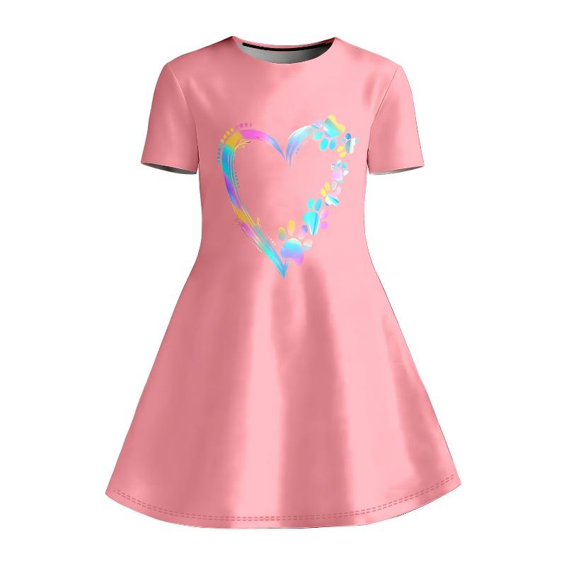 Girl's Pink Holographic Heart-shaped and Claw Printed Short Sleeved A-line Dress Suitable for Birthday Parties and Gifting