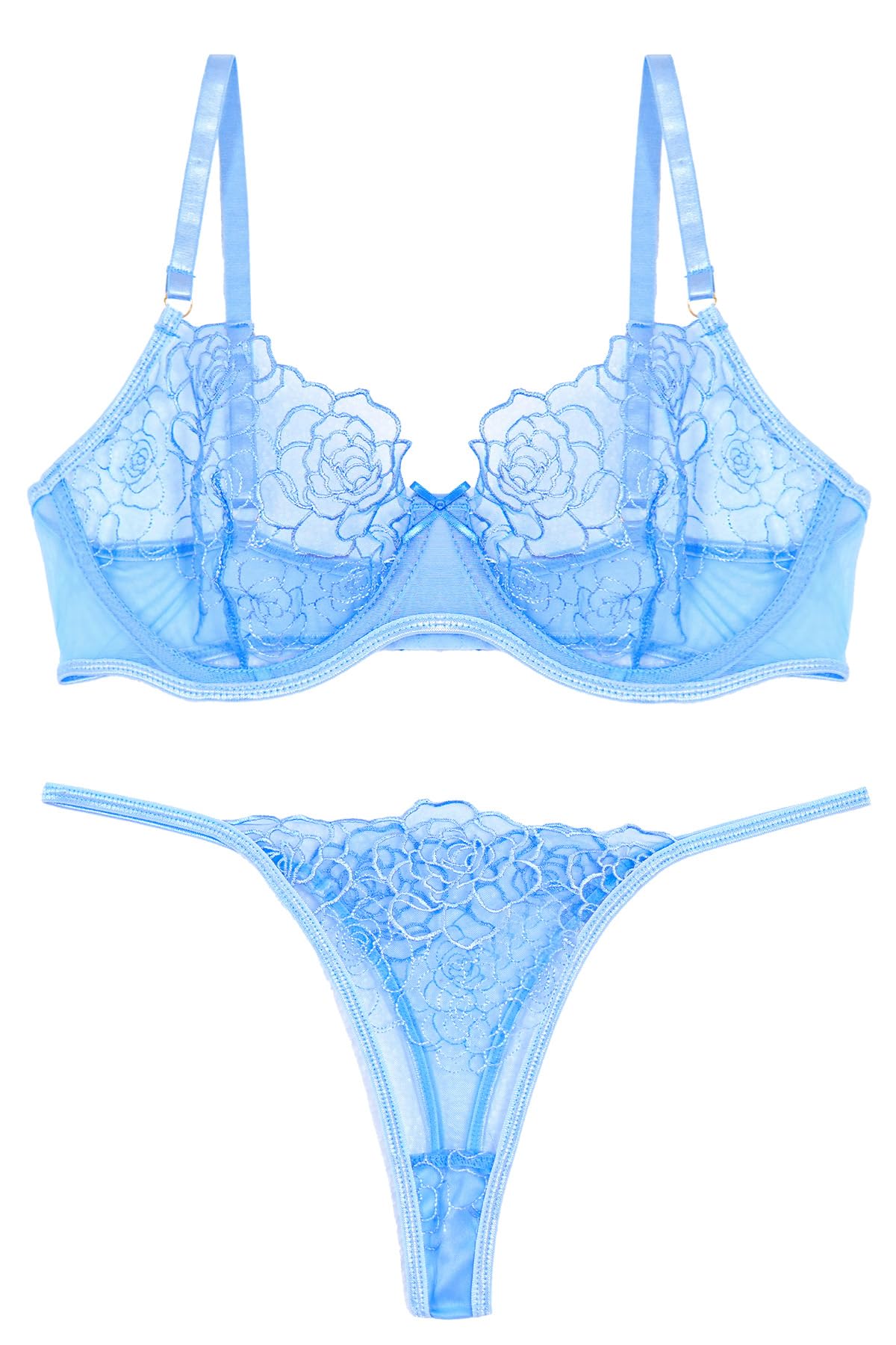 

[Panegy] Lingerie Bra for Women, Lace Bra and Thong Shorts 2-Piece Set, Sheer, Sexy, Embroidered, Floral Pattern, Mesh, See-through, No Pads, Women s
