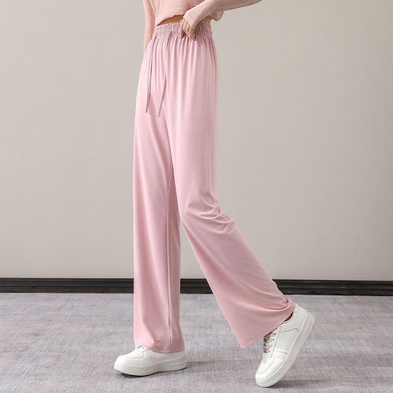 Women's Summer Casual Sportswear Set: 2024 Loose Long Sleeve Yoga Top with Sun Protection and Ice Silk Straight-Leg Pants