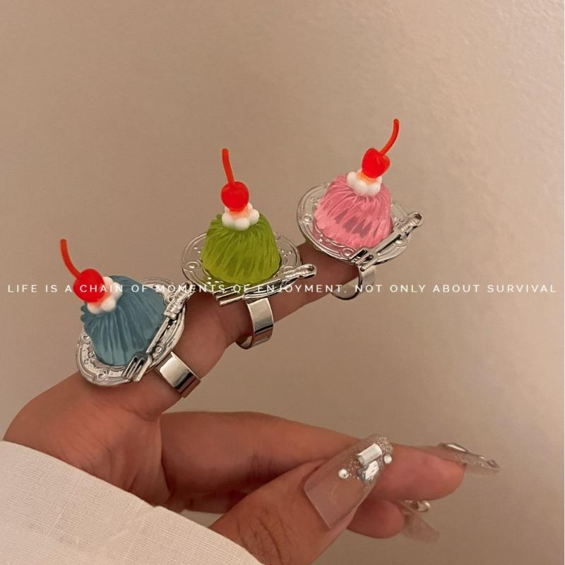 Ice cream cherry fruit ring, niche design cute ring that can be worn on the hand