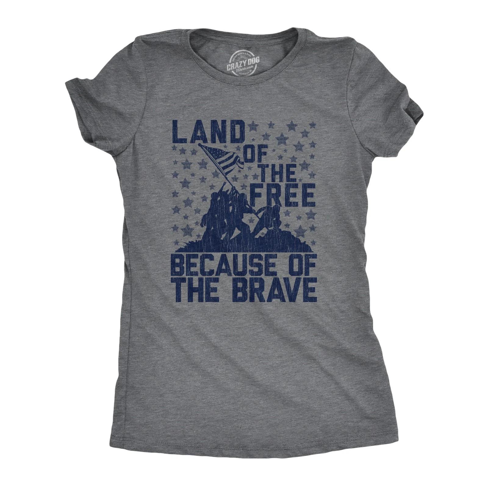 Womens Land of The Free Because of The Brave T Shirt Patriotic Memorial Day 4th XS