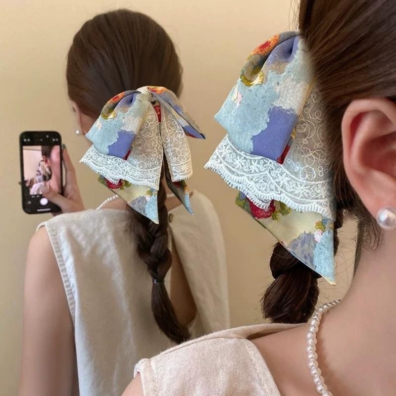 

Oil Painting Style Lace Bow Ponytail Clip Hair Clip Elegant Hair Claw For Women Sweet Girls Vintage Style Hair Accessories 1Pc