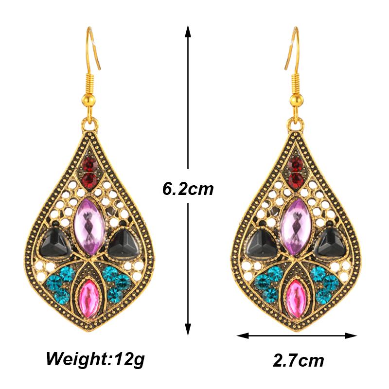 Vintage Ethnic Antique Gold Color Water Drop Earrings for Women Boho Simple Hollow Rhinestone Dangle Earrings Wedding Jewelry