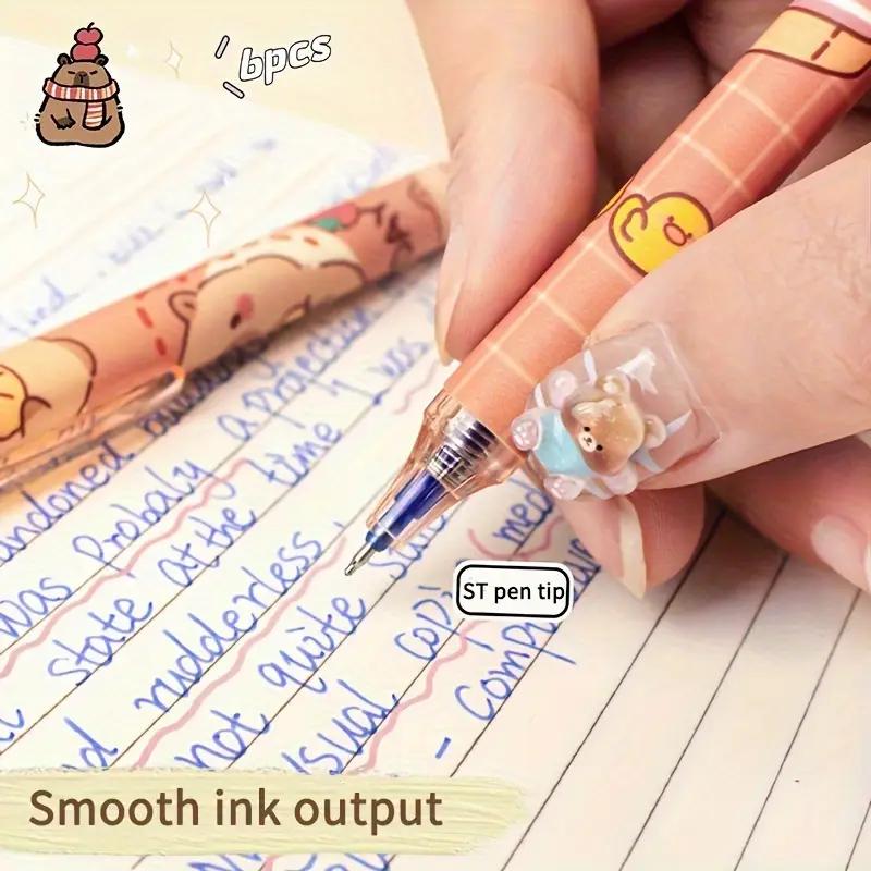 6 Cute Capybara Erasable Pens 0.5mm Fine Tip, Quick-Dry Ink, Retractable Rollerball w/ Eraser, Yellow-Brown, Office & School