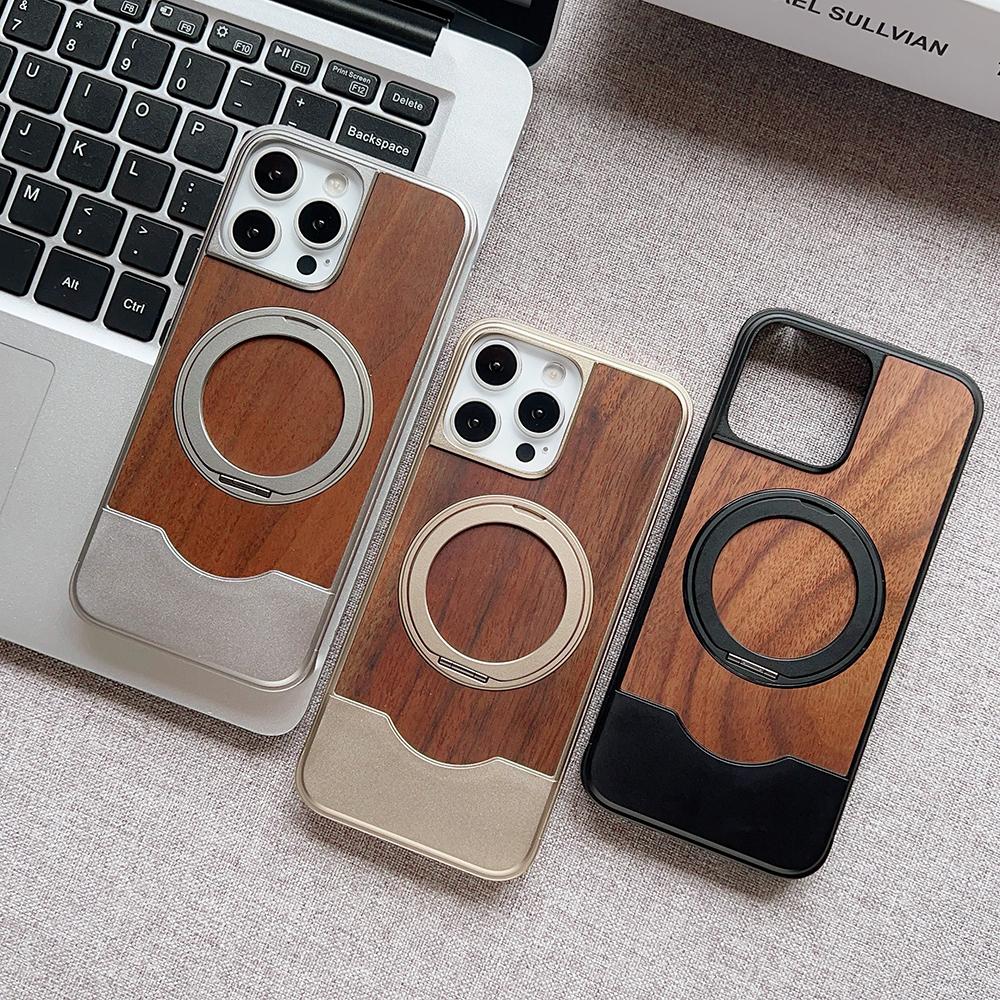 Alloy Wood Hybrid Case For iPhone 13 14 15 16 Pro Max 360° Rotation Metal Stand Matte Magentic Expandable Frameless Case Cover