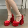 Fashion 2025 Women'S Summer Fashion Waterproof Square Head Hollow Thick Heel Bao Head Hate Sky High Satin High Heels Catwalk Sandals
