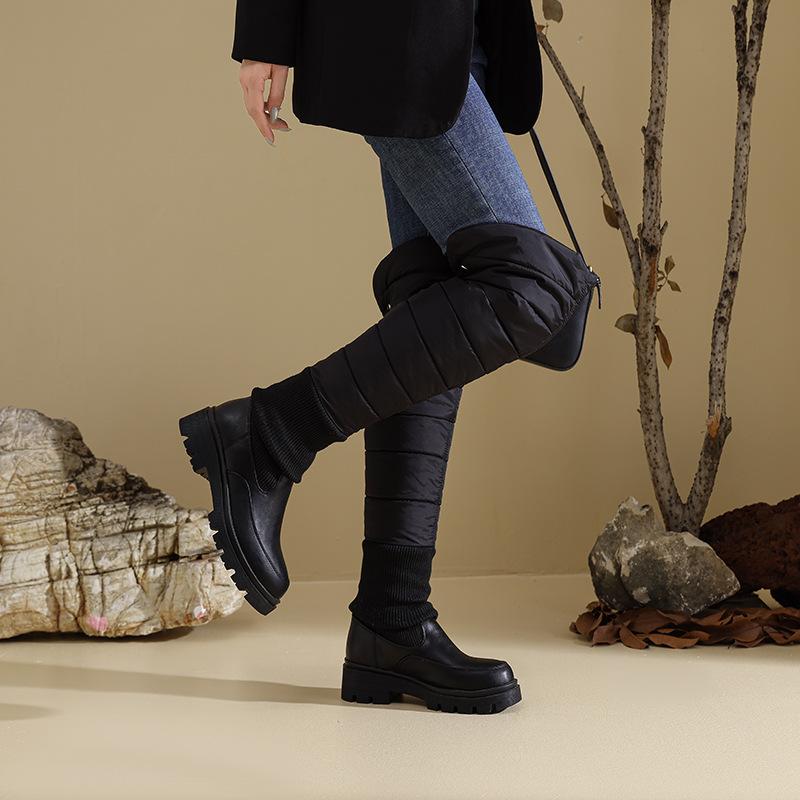  Snow Boots Winter Waterproof Down Cotton Knee Long Cotton Boots Thick-soled Wedge Heel Cotton Shoes Back Lace Up To Keep Warm