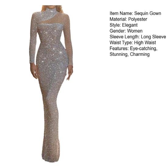 Women's Sexy Sequin Dress Shiny High Neck Floor Length Prom Dress Slim Fit Long Sleeve Hollow Out Evening Dress
