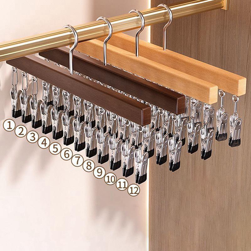 Wood Multi-Function 12 Clips Underwear Clip Wardrobe Clothes Hanger