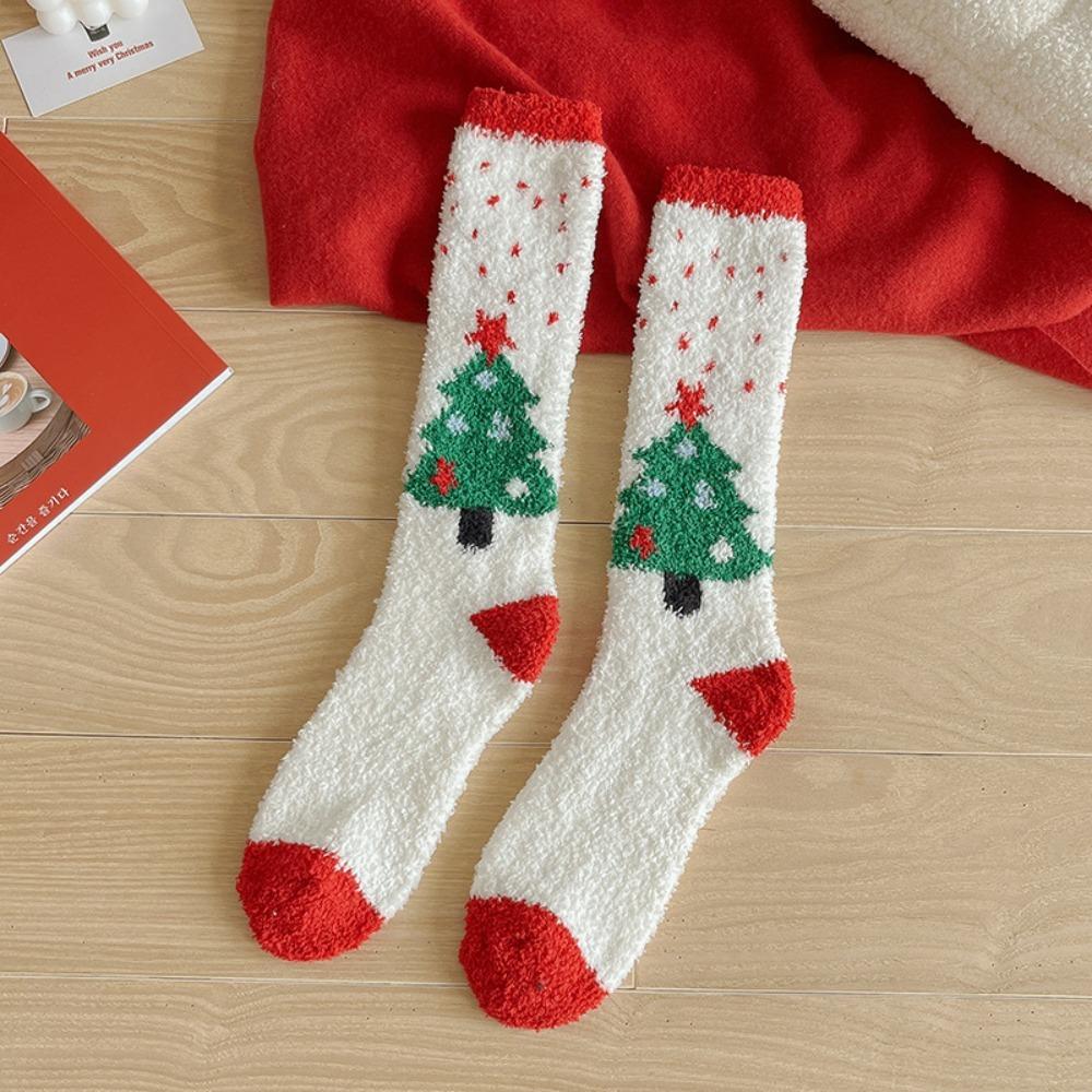 Snowflake Elk XmasTree Christmas Stocking Coral Fleece Thicken Floor Socks Fluffy Socks  For Women