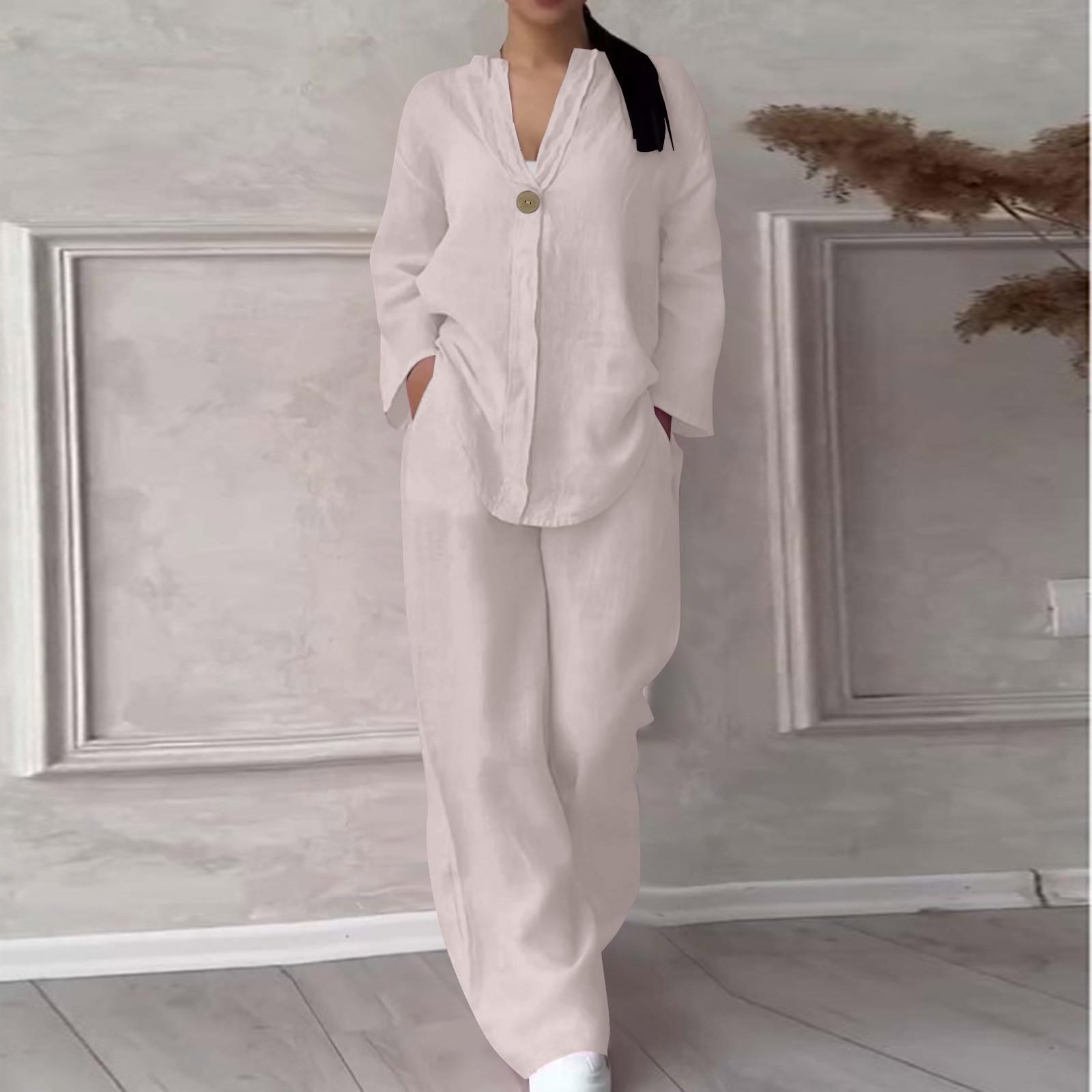 

Женский пуловер с круглым вырезом и v-образным вырезом, повседневные длинные брюки из хлопка и льна с длинными рукавами, модный костюм XXXL бежевый