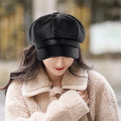 Women Beret Vintage Style Solid Color Faux Leather British Style Octagonal Hat Short Brim Painter Hat Parties Shopping Newsboy Cap