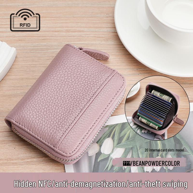 Women's Genuine Leather Zipper Card Holder - Anti-Demagnetization Multi-Slot Accordion Style