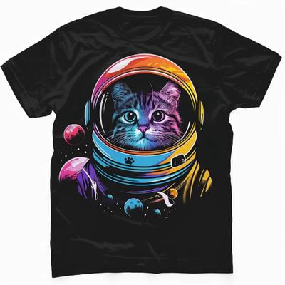 Geburtstagsgeschenk Schwarzes Freizeit-T-Shirt mit niedlicher Katze im Weltraum-Grafik Kundenspezifisch bedruckte Kurzarm-Shirts Y2k Streetwear Grafik-T-Shirts