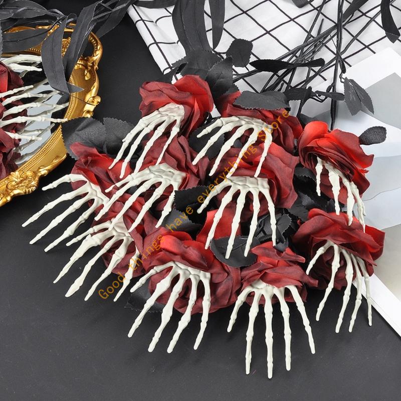 Adjustable Skeleton Hand Rose Stem Halloween Decoration Silk Floral Display For Home Office Haunting House Themes 55KF