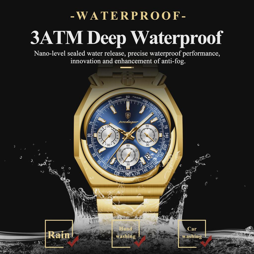 POEDAGAR Luxury Men's Watches Waterproof Stainless Steel Luminous Men Watch Date Chronograph Quartz Male Wristwatch