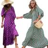 Women Dress Bohemian Style V Neck Bubble Sleeves A-line Big Swing Pleated