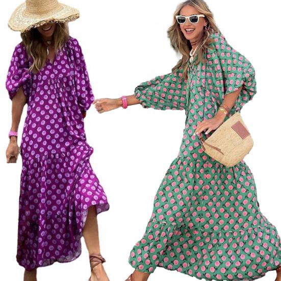 Women Dress Bohemian Style V Neck Bubble Sleeves A-line Big Swing Pleated