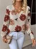 Women's Off-White V-Neck Knit Sweater with Blue Floral Pattern and Lace-Up Sleeve Detail