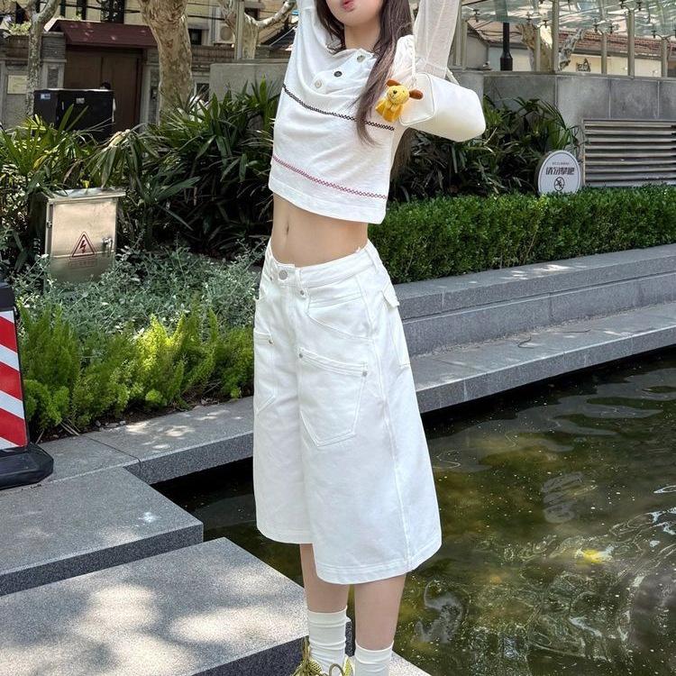 Women's American Retro White Cropped Wide-Leg Jeans - Summer High Street Style