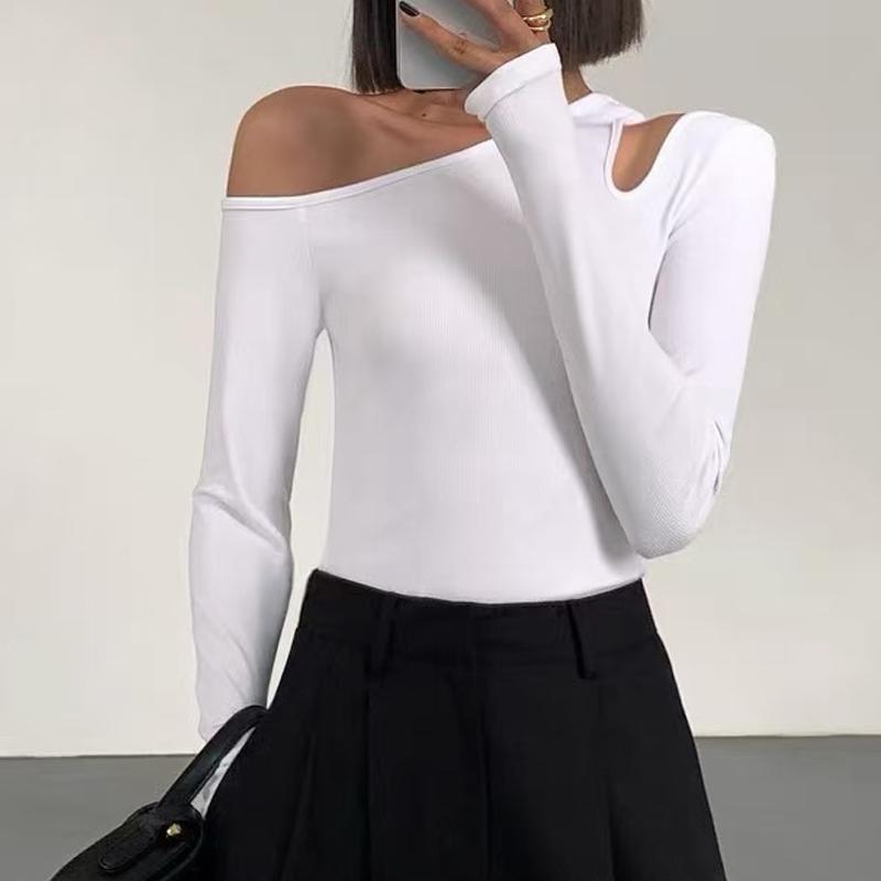 Sexy One-shoulder Slanted Shoulder Bottoming Shirt Women's Spring Autumn Long Sleeved T-shirt Fashion Casual Skinny Hollow Tight Off-shoulder Top