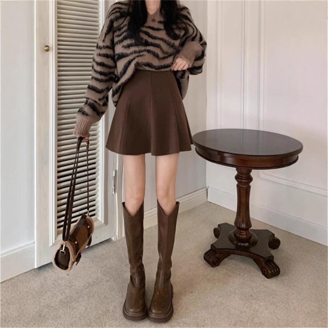 

2025 Women s Woolen High Waist Midi Bodycon Skirt - Black, Plus Size, A-Line, Autumn/Winter Korean Style XS кавовий