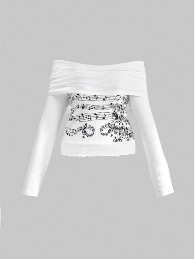 Autumn/Winter Slim Fit Ribbed Long Sleeve Top with Letter Print for Women
