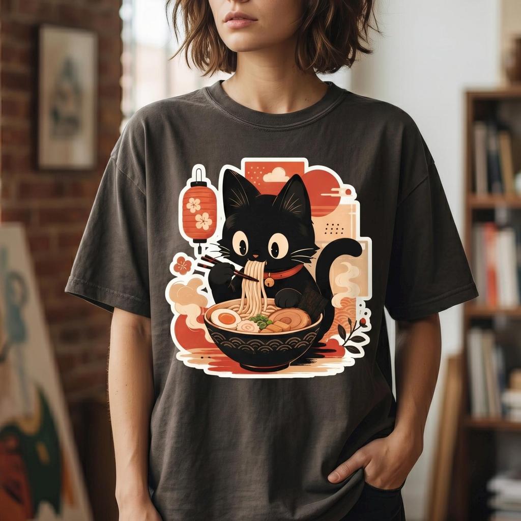 Black Cat Ramen T-Shirt, Japanese Neko Noodles Tee, Comfort Colors Unisex Top