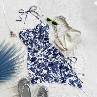 Women's Suspender Wraps Breasts, High Slits, Small Daisy Mushroom Print Tight Short Dress