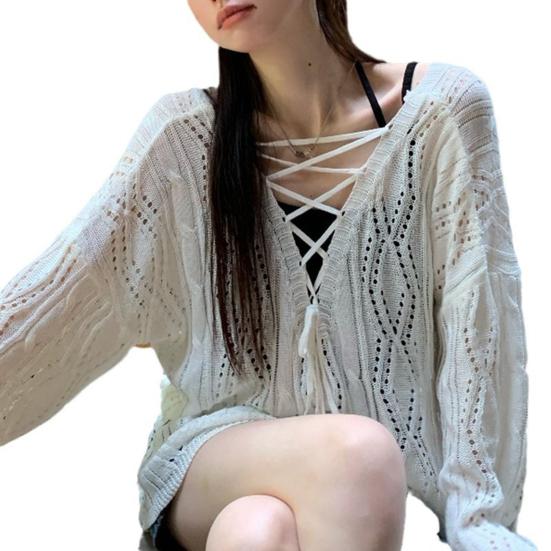 Women Knitting Hollow Design Tops V-Neck Straps Collar Long Sleeve Pullover Tops
