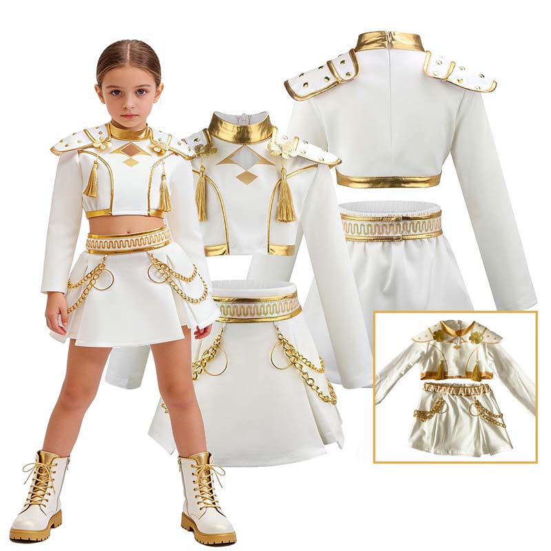 Kız Çocuk Şövalye General Cosplay Kostümü Beyaz Altın Kıyafet Uzun Kollu Üst Etek Seti Cadılar Bayramı Karnaval Tema Partisi İçin