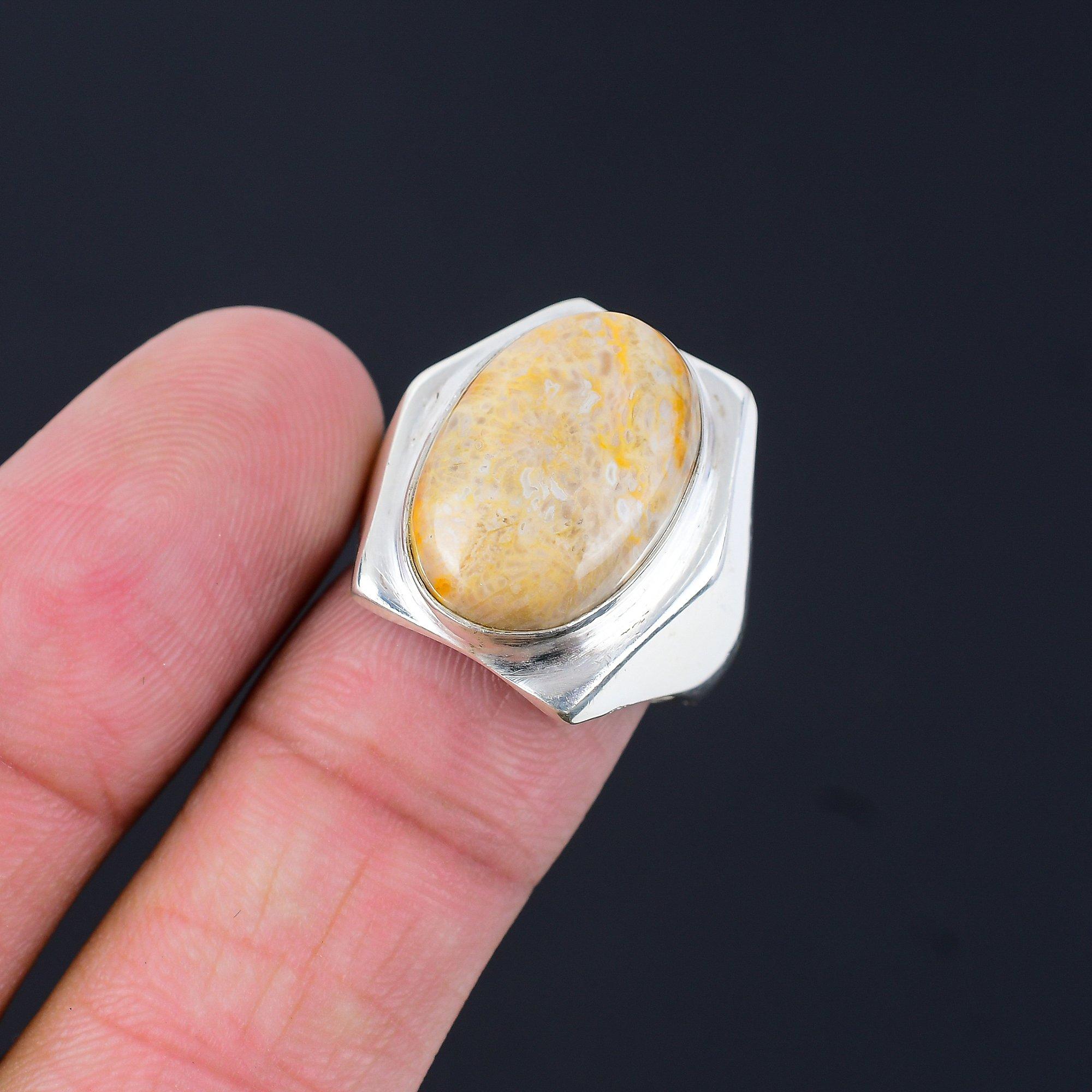 

Womens day Sale Sterling Silver Natural Fossil Coral Stackable Boho Ring US 8.5 8.5