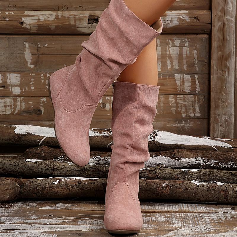 Autumn Winter Pink Mid Calf Boots Women 2025 Fashion Faux Suede Pleated Boots Woman Plus Size 36-42 Flat Heel Long Botas Mujer