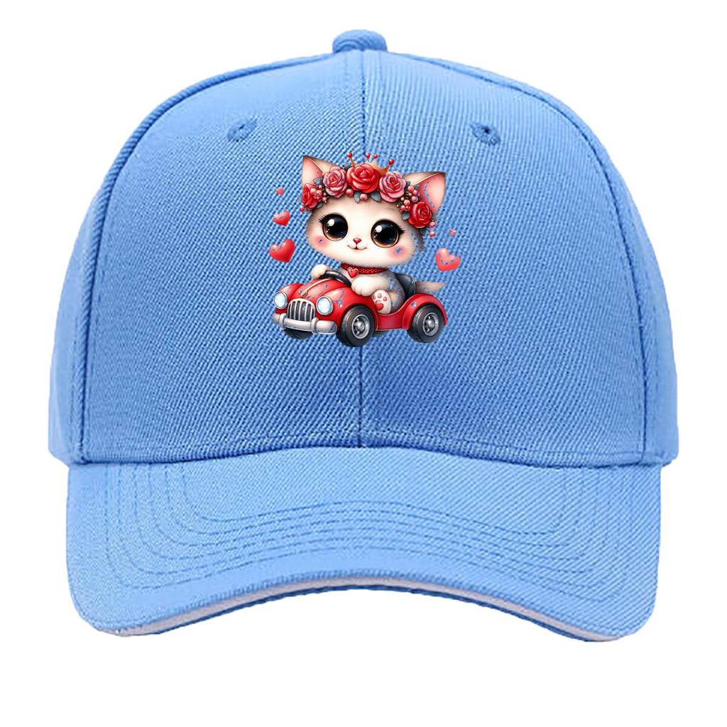 Cute Kitten Driving Red Car Heart Rose Crown Sandwich Baseball Cap Unisex Women Sun Cap Outdoor Workouts Hat