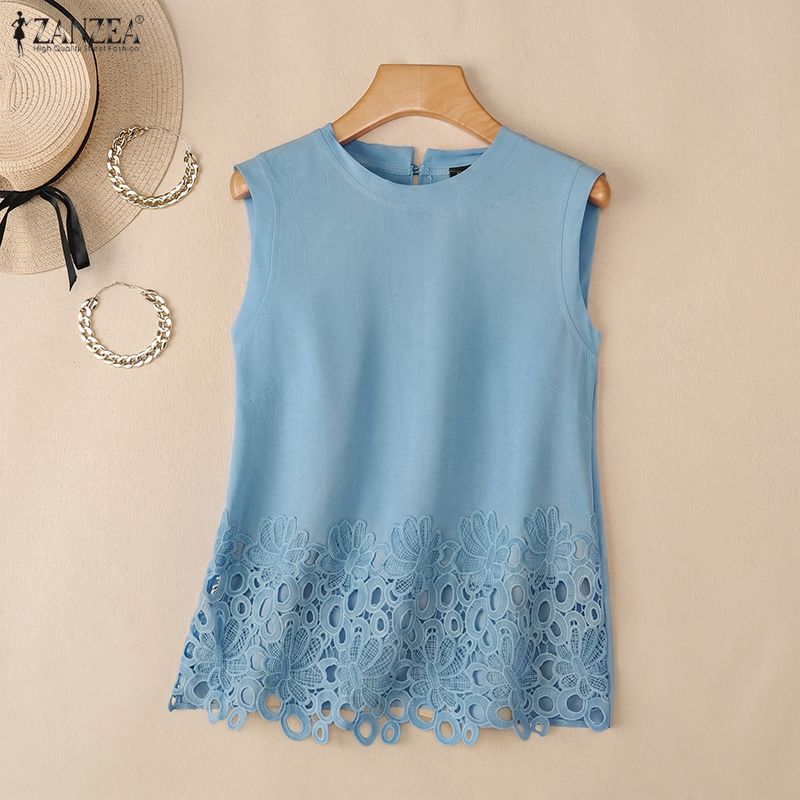ZANZEA Women Lace Crochet Splice Summer Casual Rpund Neck Sleeveless Tank Tops