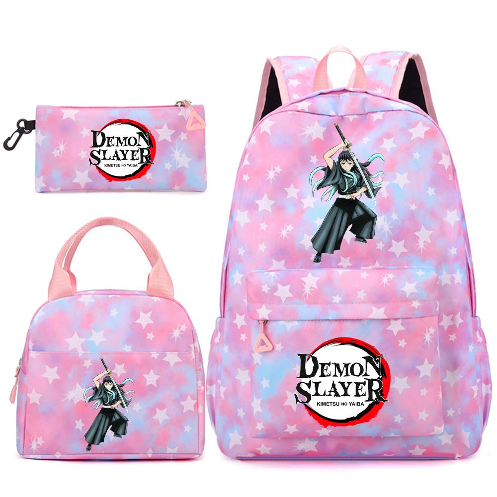 3 st/set Tecknad Demon Slayer Tryckt Ryggsäck Handväska Pennskrin för Tonåring Student Flicka Pojke Skolväska Stor Kapacitet Vattentät Resväska Gåva