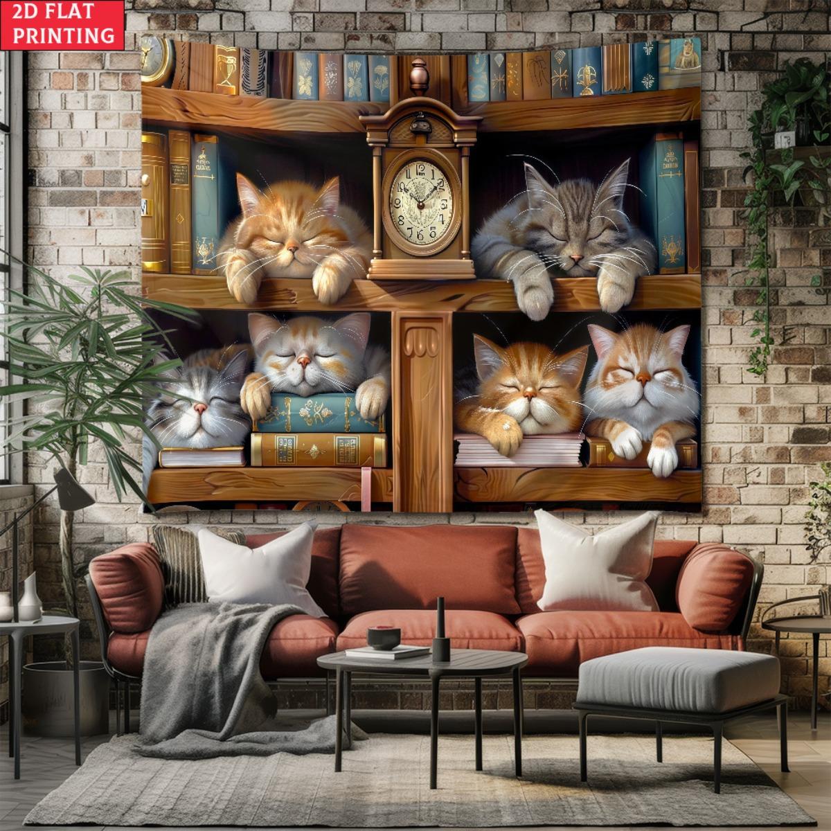 1pcs Cute Sleeping Kittens in Bookshelf Tapestry Cozy Cat Library Wall Hanging Aesthetic Room Decor 180x350cm 74x94cm(29x37in)