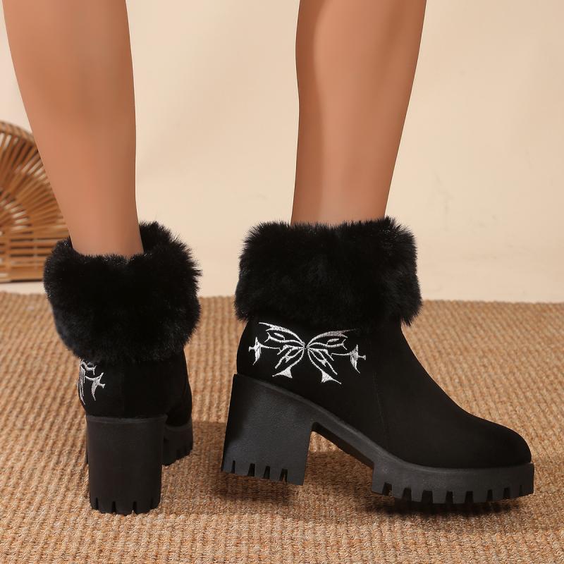 Fashion Chunky Platform High Heel Furry Ankle Boots Women 2025 Winter Non Slip Thick Bottom Suede Snow Boots Butterfly Embroidery Shoes