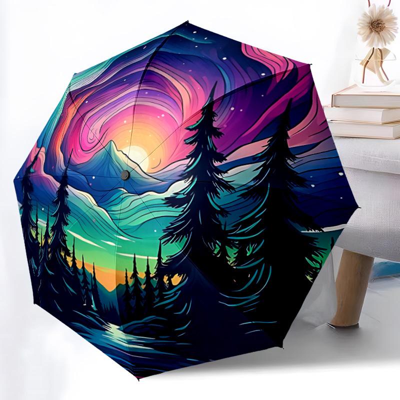 1pc Aurora Forest Automatic Folding Umbrella, Sturdy And Durable Automatic Folding Umbrella with 8 Ribs, Convenient for Outdoor Use060