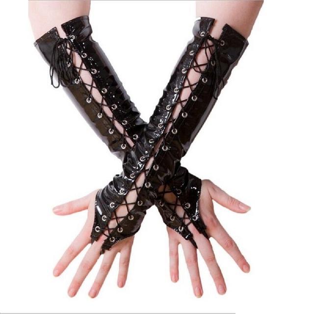 

Black Red Long Pvc Sexy Women Gloves Ladies Fetish Faux Leather Black Bandage Gloves Clubwear Sexy Cosplay Costumes Night Club One Size