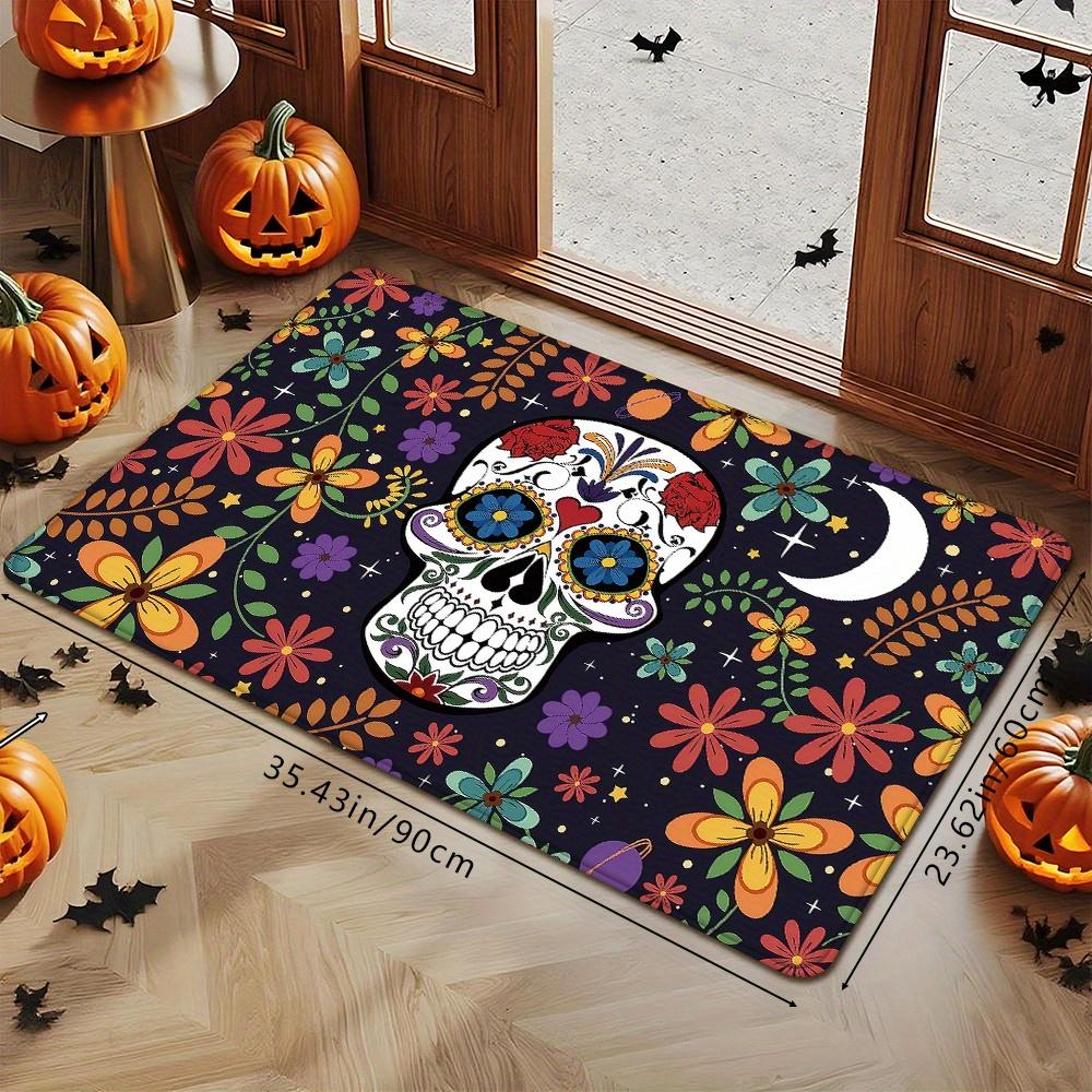Creative Floral Sugar Skull Wreath Doormat, Non-Slip Washable Rug for Indoor Outdoor, Entryway, Kitchen & Home Decor