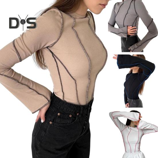 Women T-shirt Round Neck Long Flared Sleeve T-shirt Slim Fit Ribbed Three-Dimensional Line Decoration Pullover Tops Daily Wear