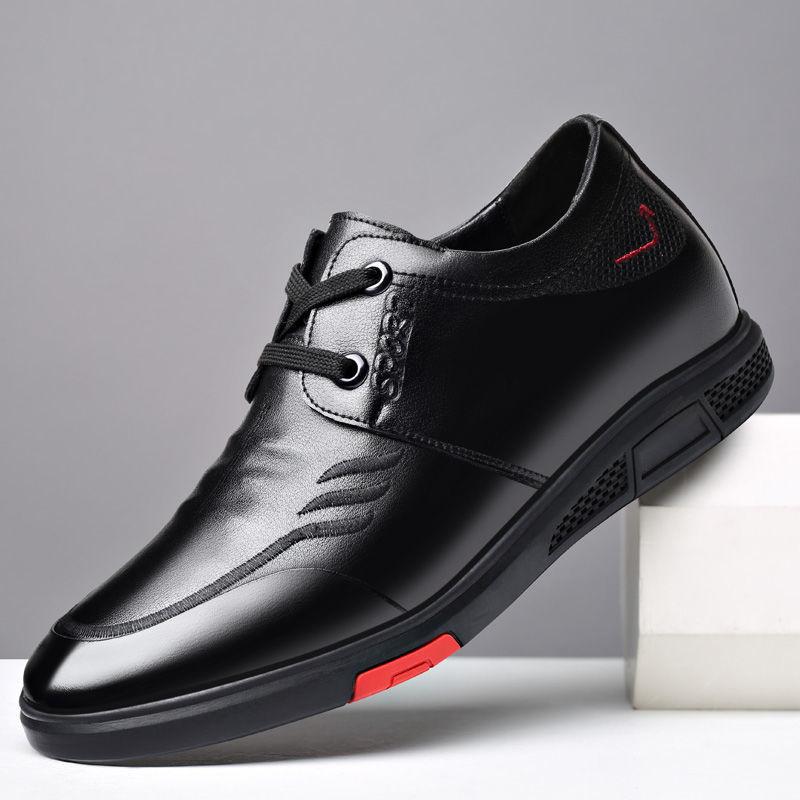 New Men's Soft-soled Casual Leather Shoes, Youth Tide Shoes, Low-top Trend, Invisible Inner Height Increase, Cowhide Douyin Tide