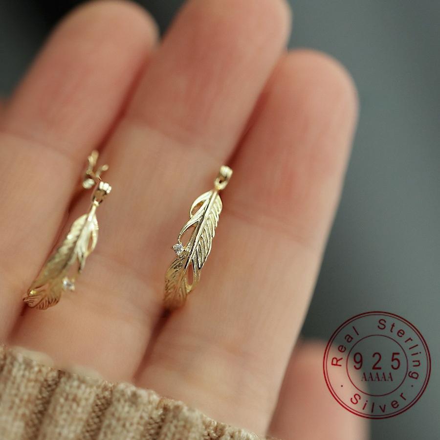 

925 Sterling Silver 14K Gold Plated Feather Hoop Earrings for Women, Dainty CZ Huggie Hoop Earrings, Minimalist Earrings Jewelry Silver